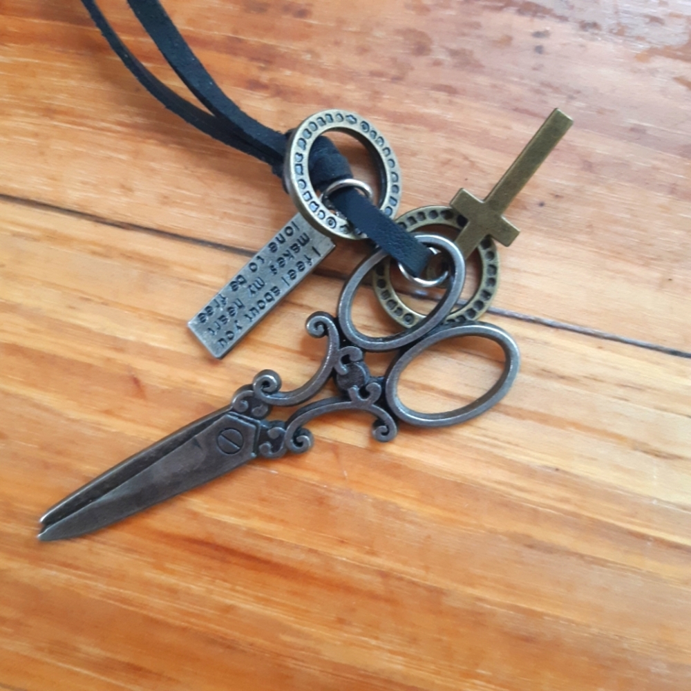 Chunky Leather Necklace With Scissor Charm, Cross and Tag